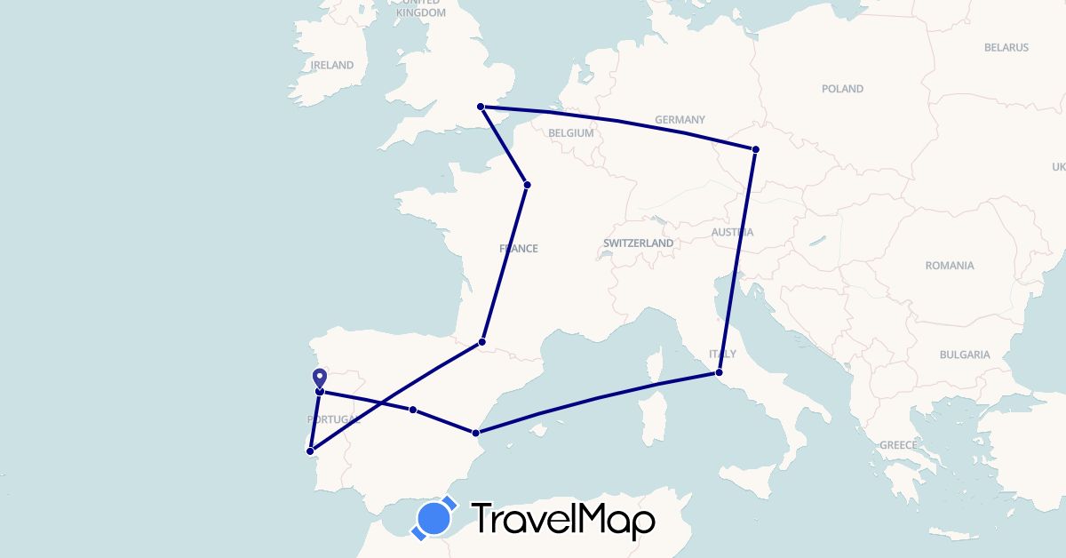 TravelMap itinerary: driving in Czech Republic, Spain, France, United Kingdom, Italy, Portugal (Europe)